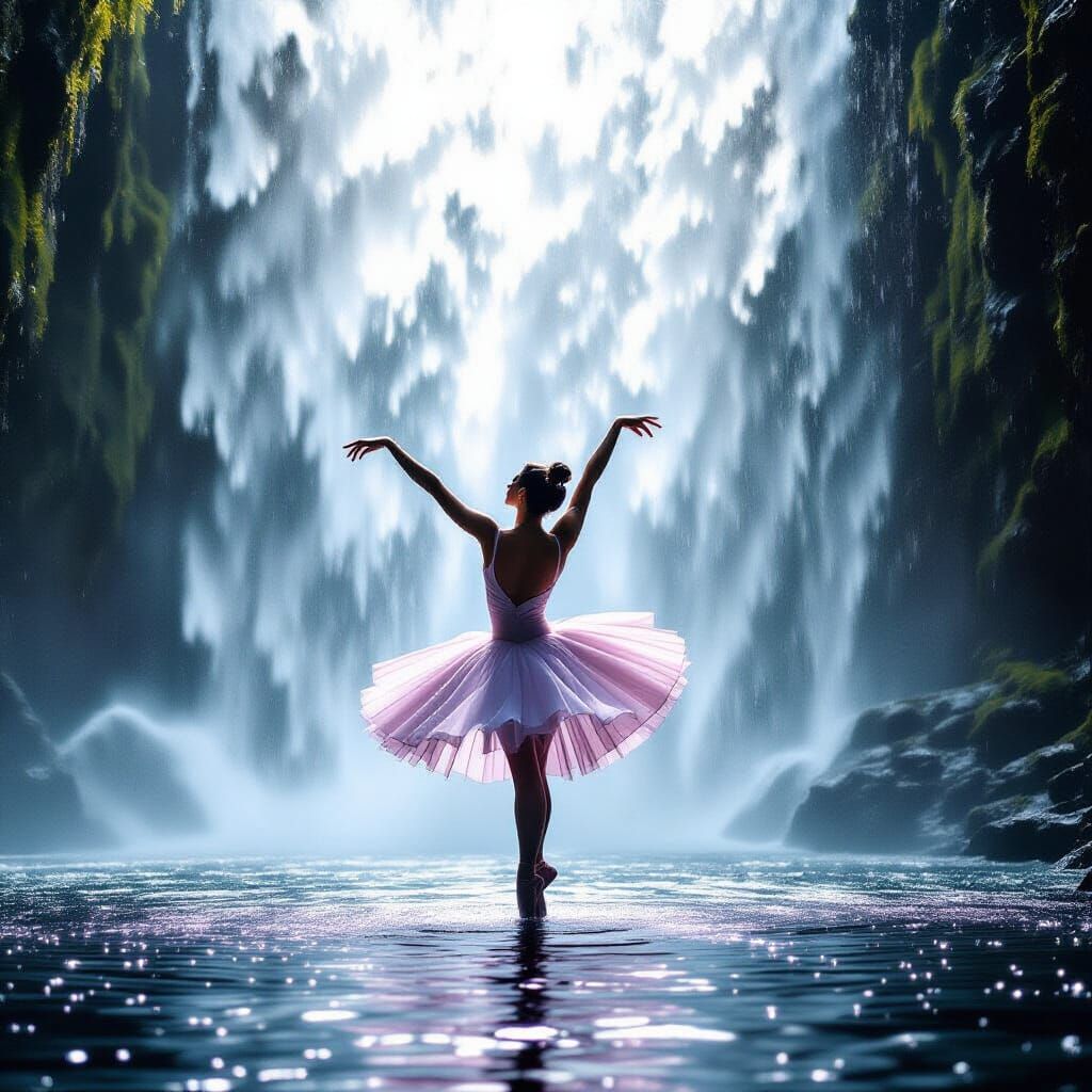Ballerina Dances in Cascading Waterfall Light