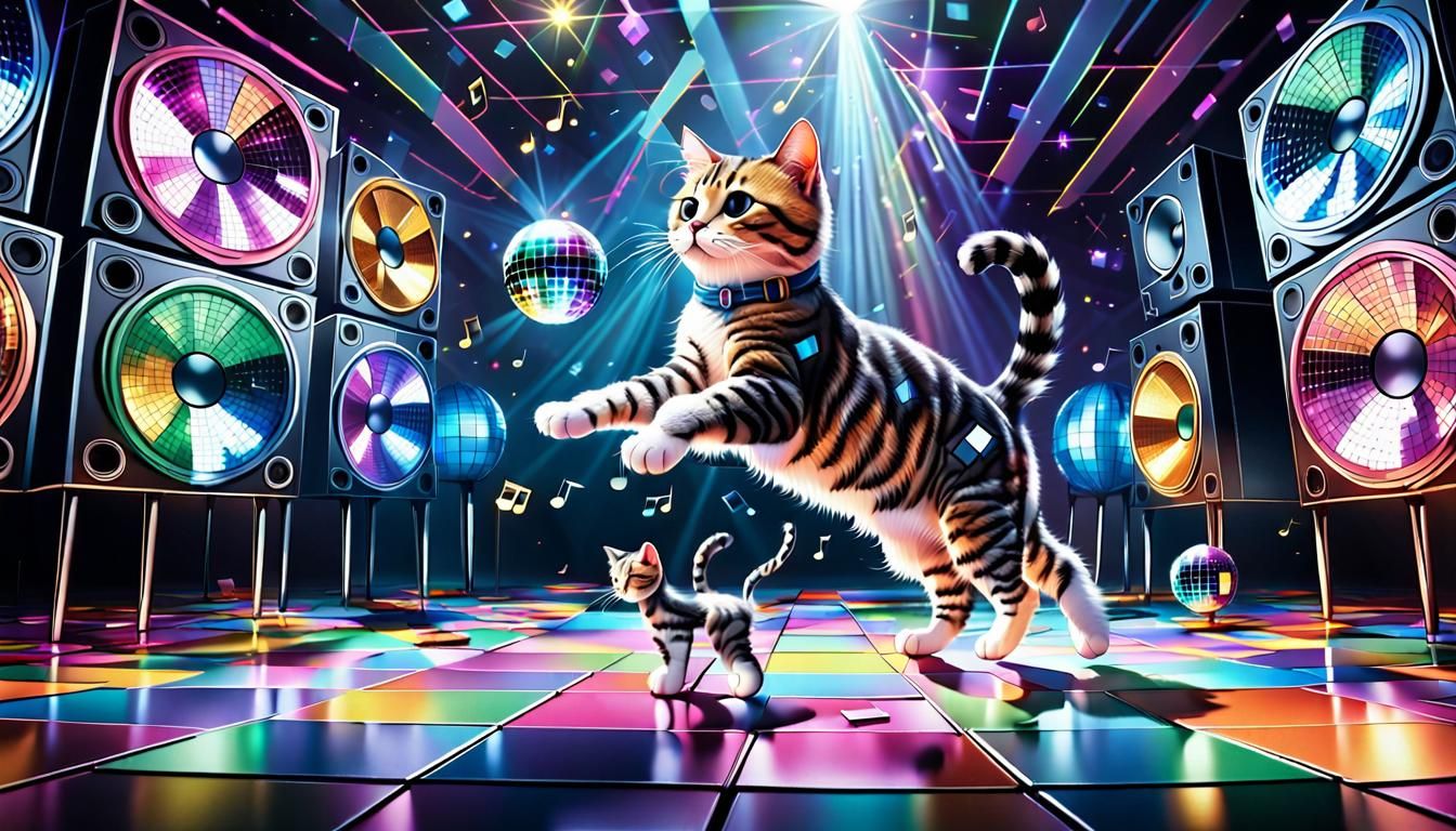 Dancing Cats on Disco Floor in Hyperrealistic Style