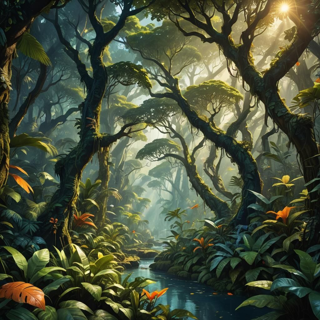 Lush Jungle with Exotic Wildlife: Fantasy Concept Art