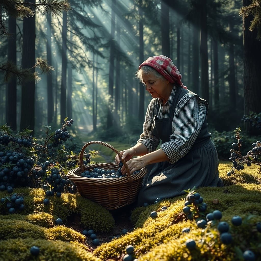 Norwegian Forest Landscape with Blueberry Harvest in Stylize...