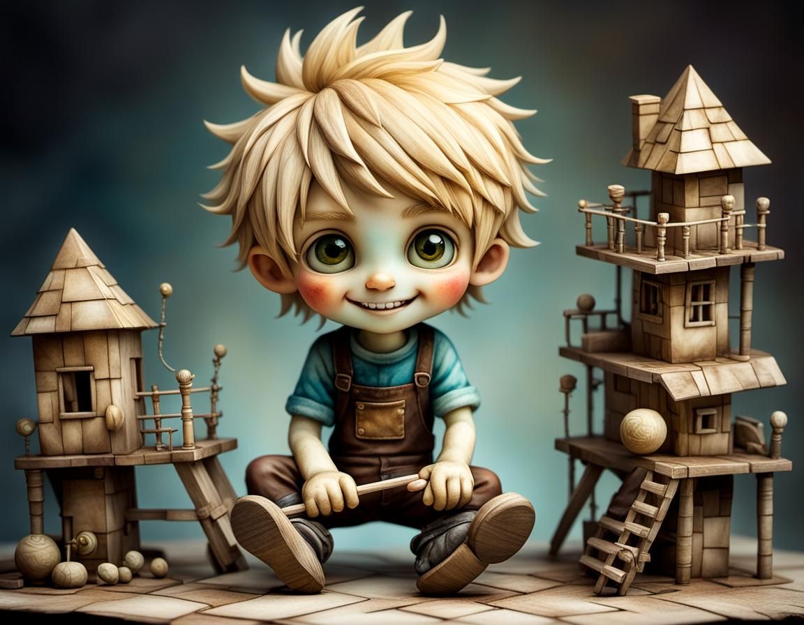 Cheerful Boy Playing: Surrealist Alcohol Ink Figurine