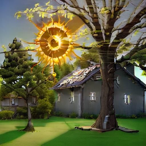 Green Landscape with House, Tree, and Sun