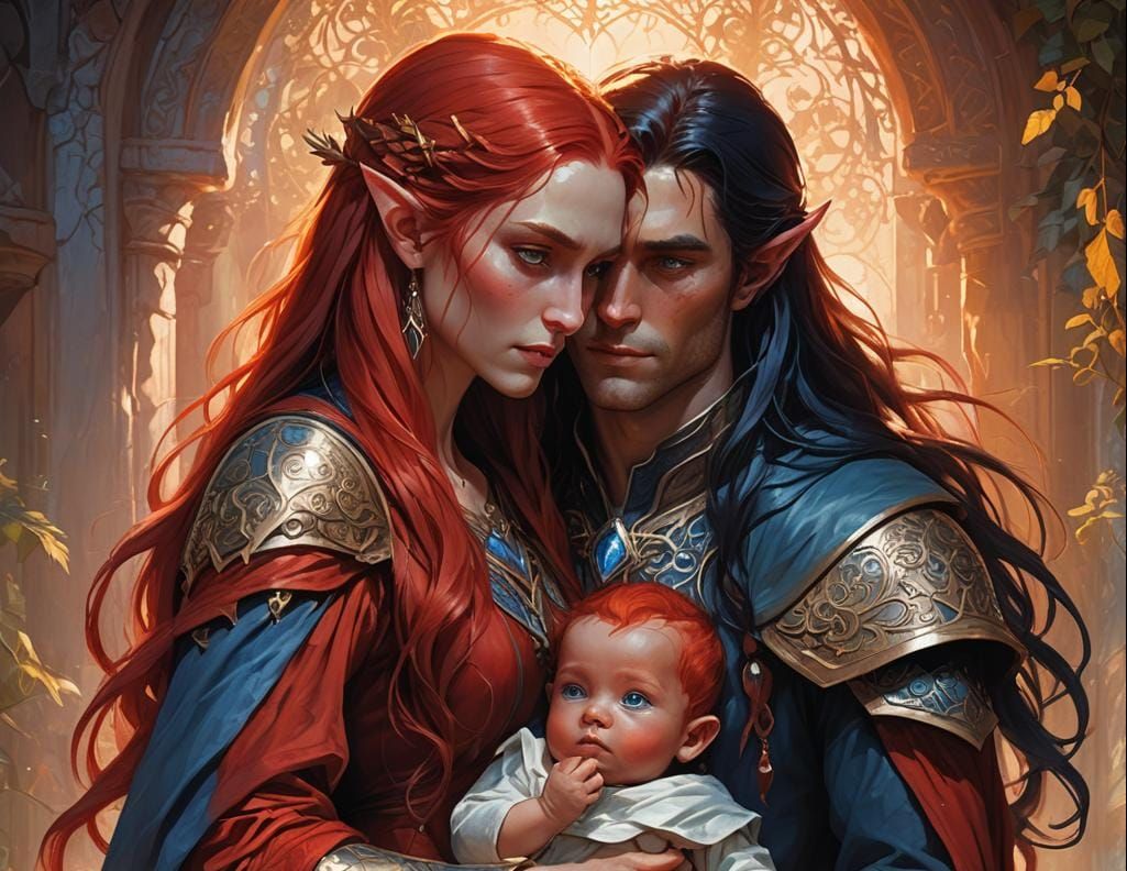 A male elf with long black hair, blue eyes,wearing red clothing. He is standing behind a female with very long red hair ...