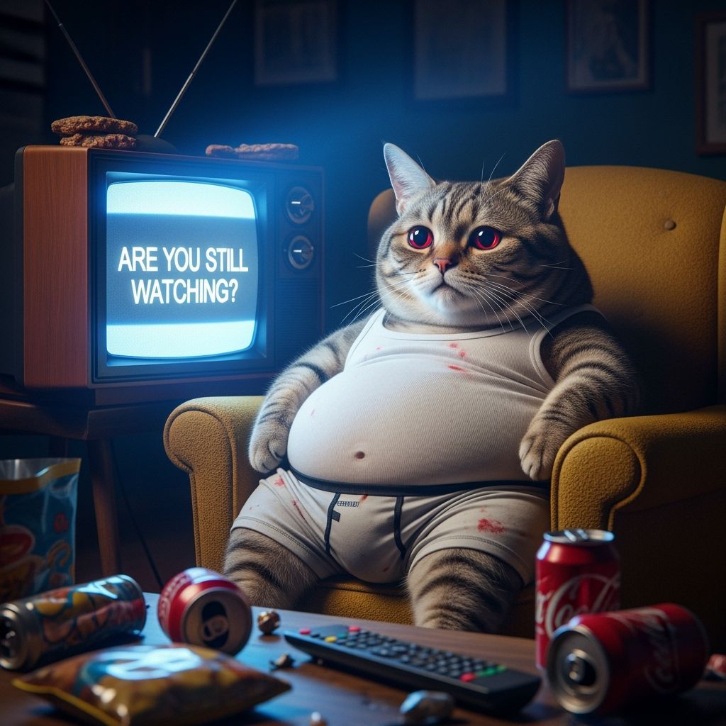 Overweight Cat Watches TV in Photorealistic Style