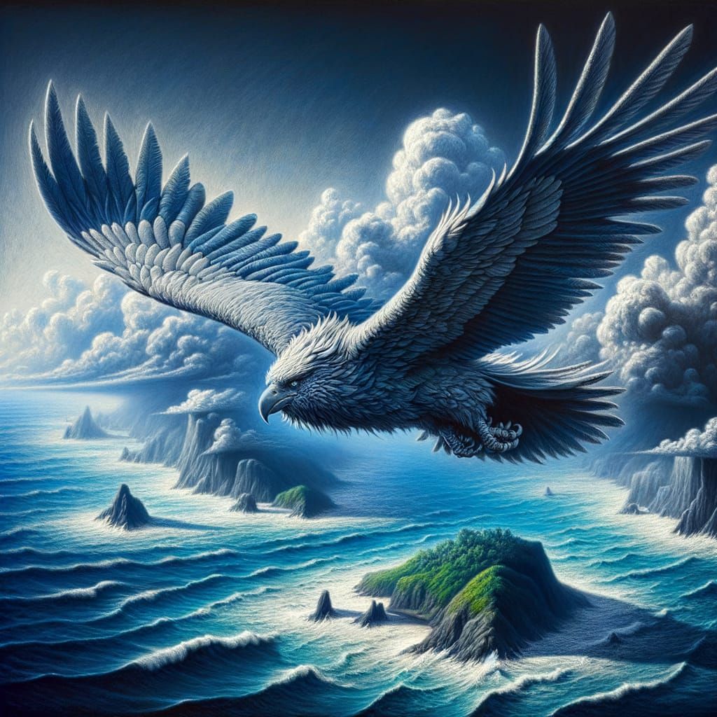 Majestic Roc Soaring Over Ocean: Charcoal Drawing