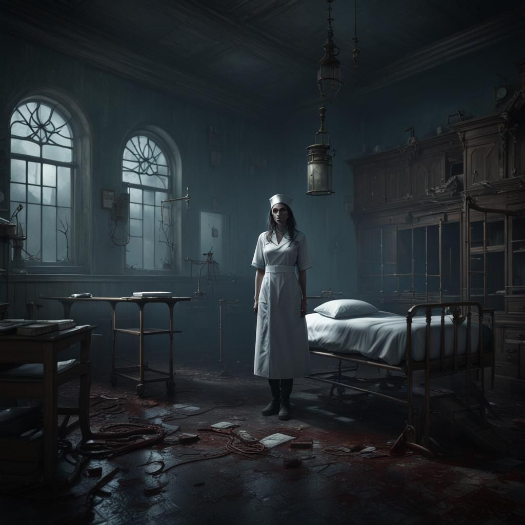 Haunted Hospital with Dark Nurse in Matte Painting Style