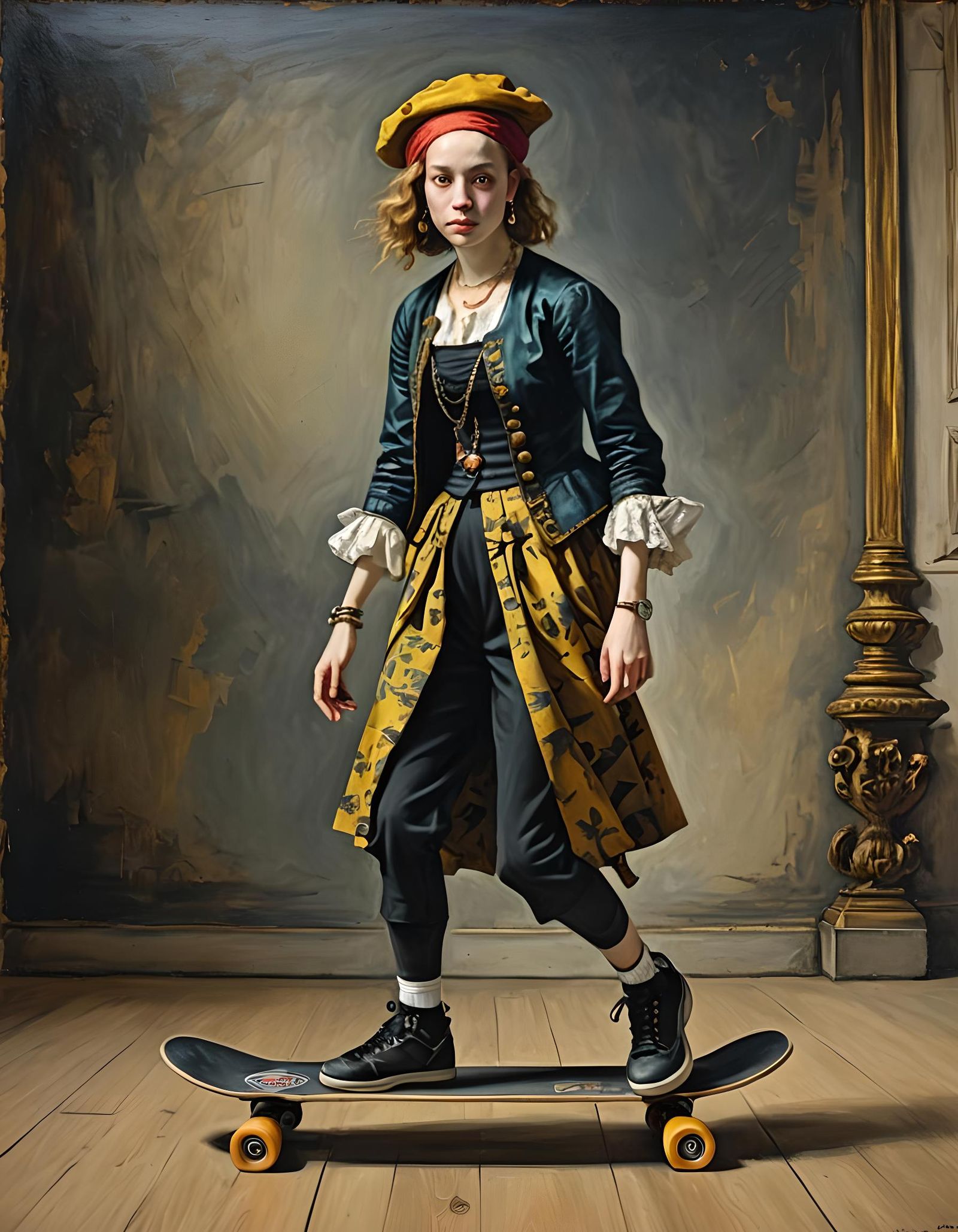 Punk Rock Girl on Skateboard: Baroque Oil Painting