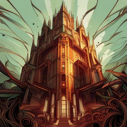 Colorful Gothic Castle with Golden Outlines in 3D