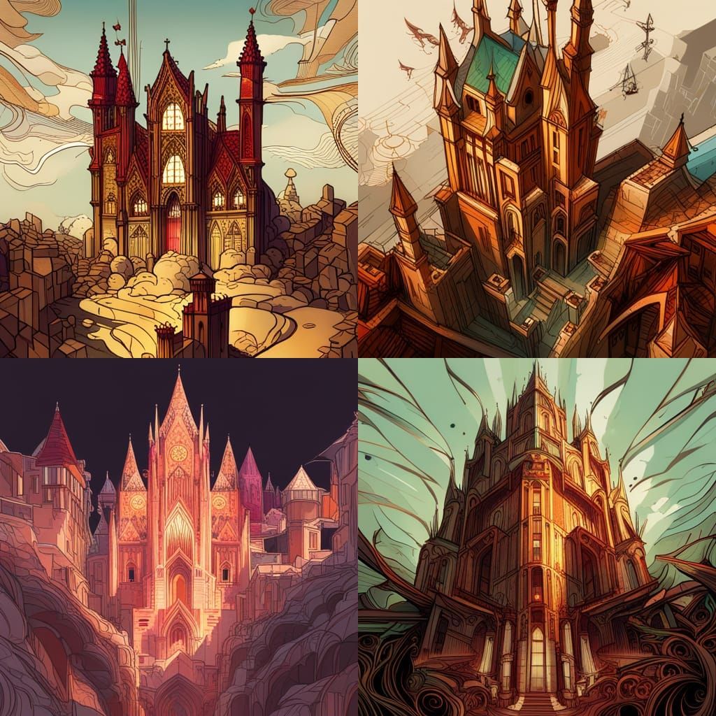Colorful Gothic Castle with Golden Outlines