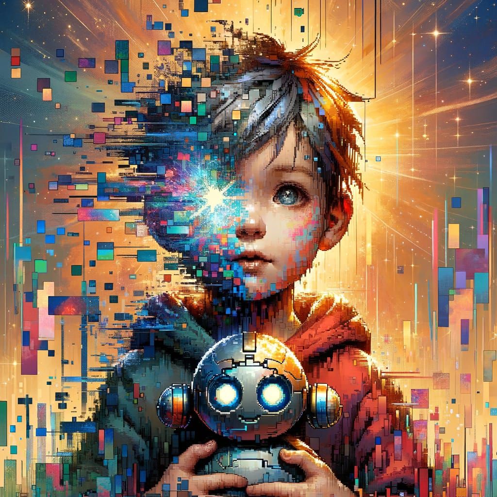 Glitching portrait of a kid and his toy!