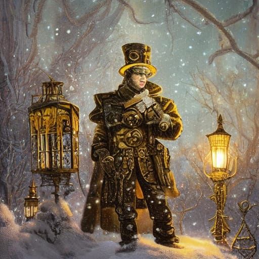 Steampunk Figure in Snowy Moonlit Landscape
