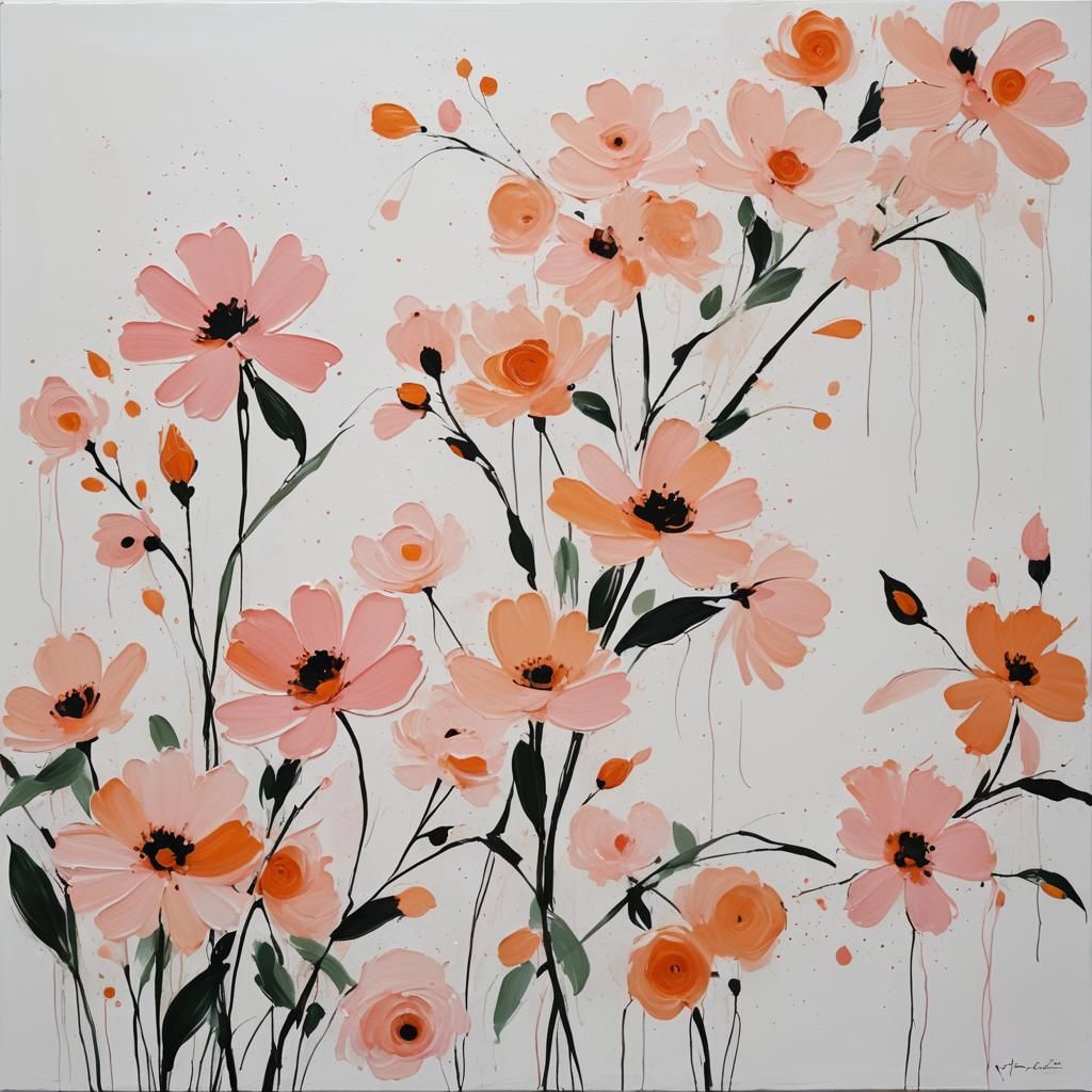 Minimalist Abstract Floral Painting in Pink and Peach