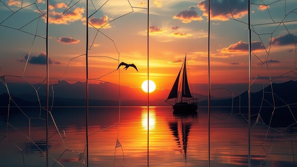 Surreal Sunset Sailboat Scene on Cracked Glass