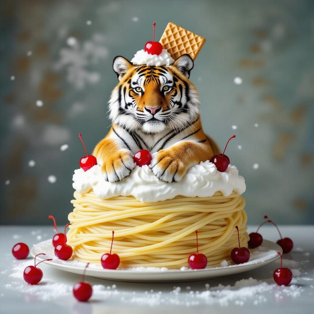 Sabertooth Tiger Sits on Giant Spaghetti Ice Cream