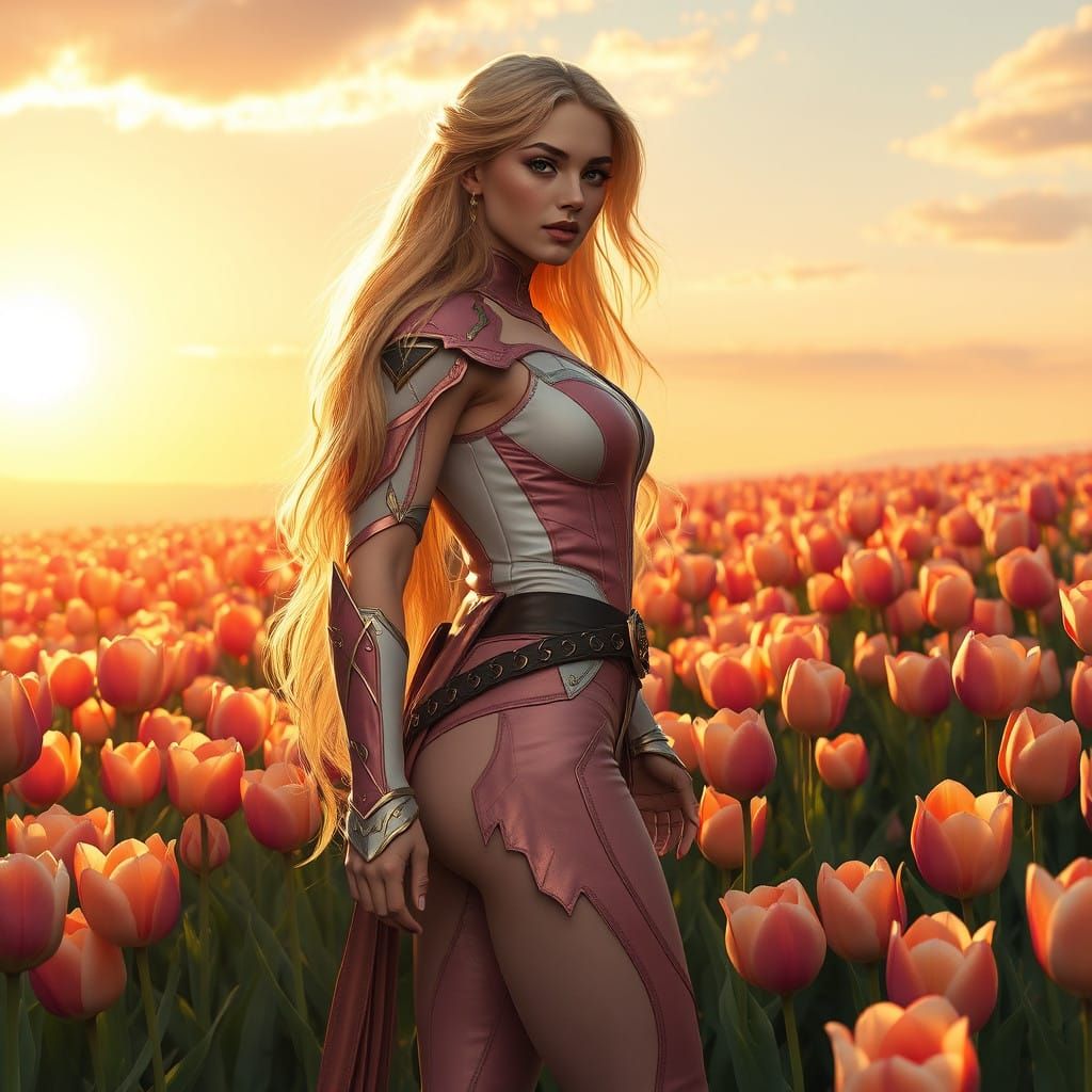 Surreal Druidess in Tulip Field at Sunset