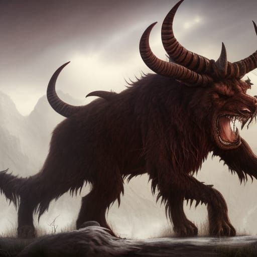 Fearsome Beast with Fangs and Horns: Fantasy Art