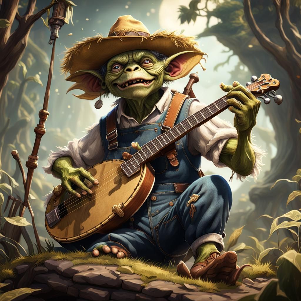 Goblin Musician Plays Banjo in Detailed Matte Painting