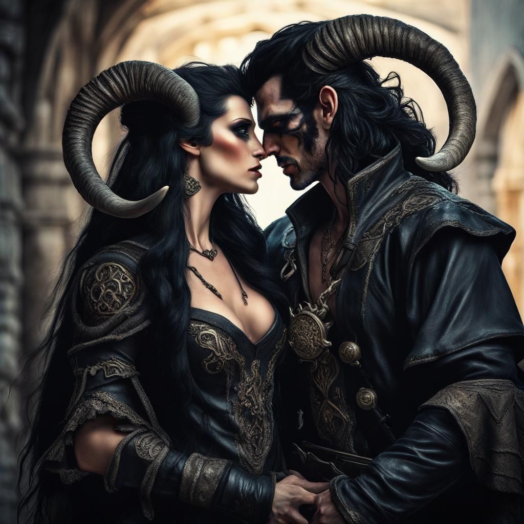 Tiefling Rogue and Pirate Elf Kiss: Hyperrealistic Digital A...