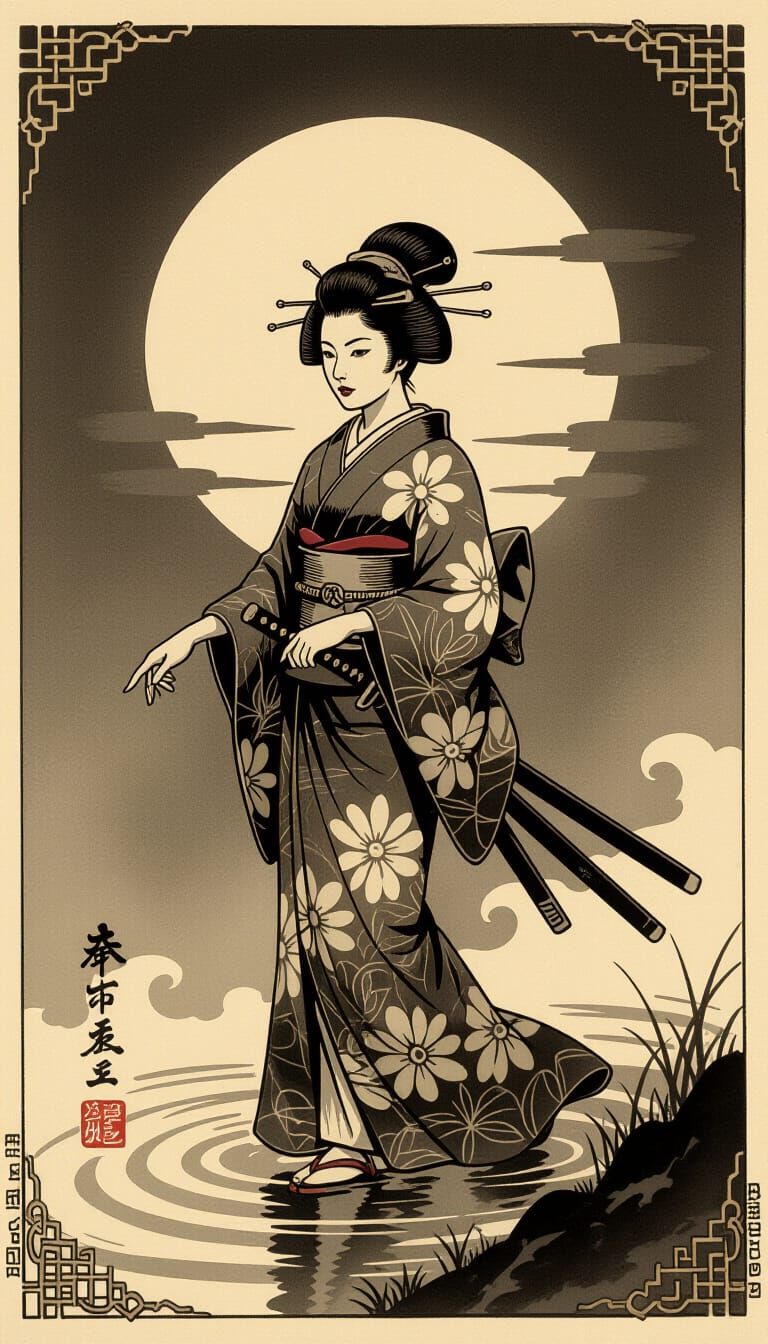 Warrior Woman on Water Under Moon's Glow in Sepia Sketch Sty...