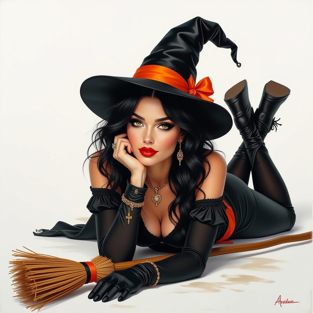 Captivating Witch with Broomstick: Oil Painting Style