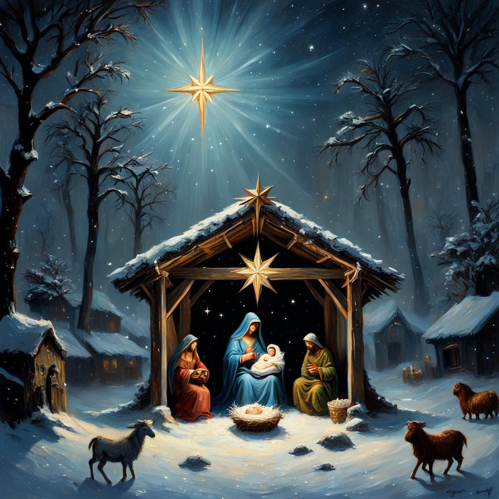 Christmas Nativity Scene in Dark Fantasy Oil Painting