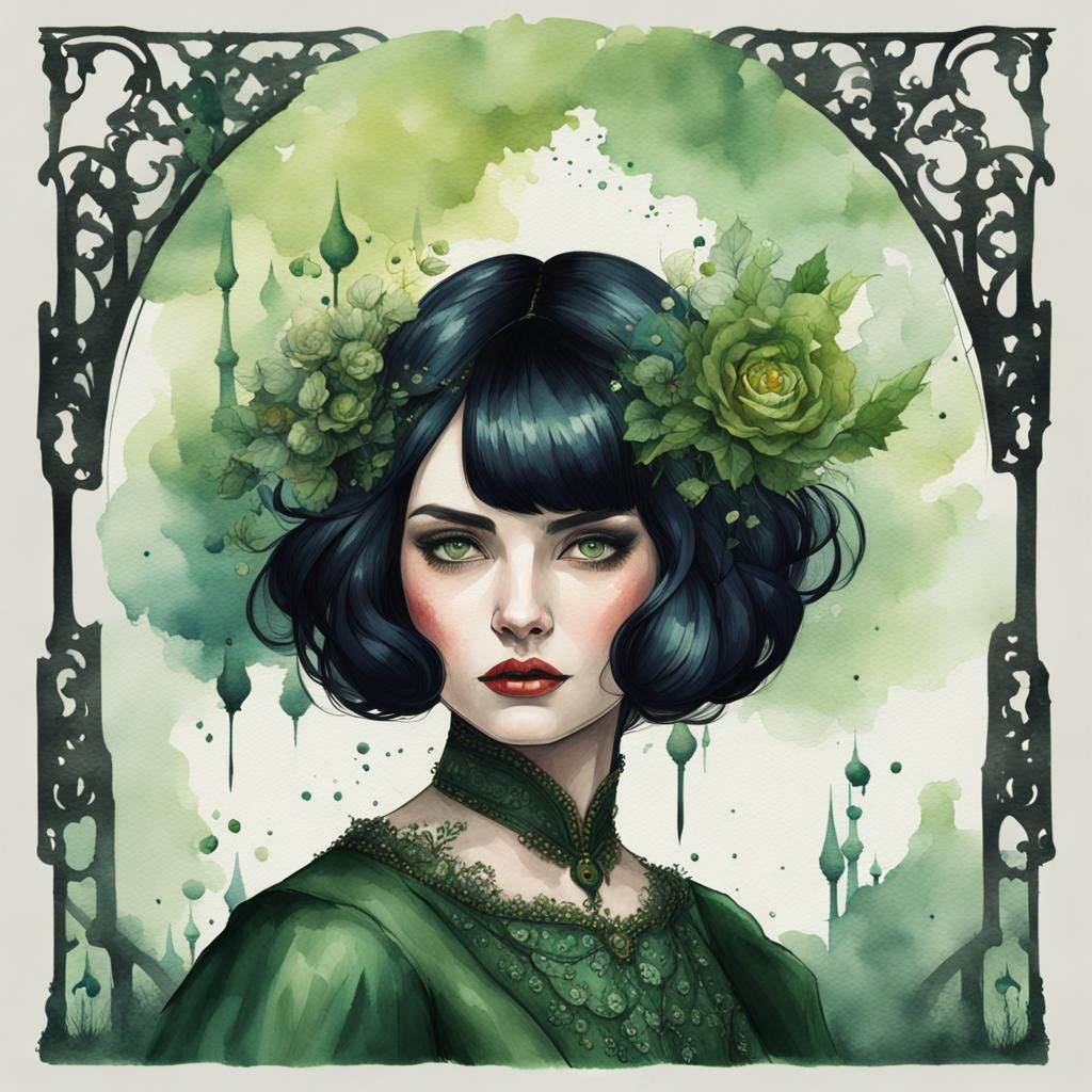 Gothic Woman in Green Dress: Watercolor Illustration