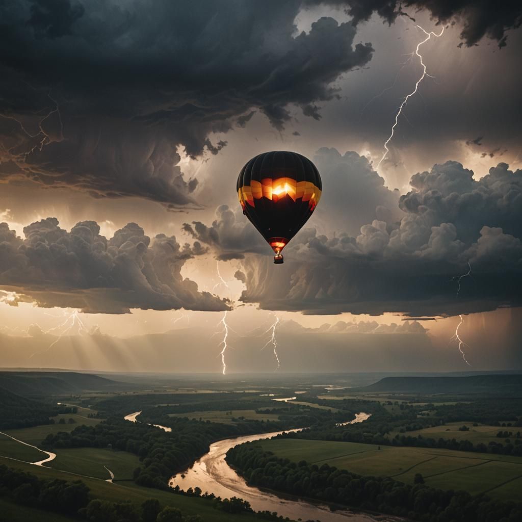 Hot Air Balloon Ride Over Valley in Stormy Weather