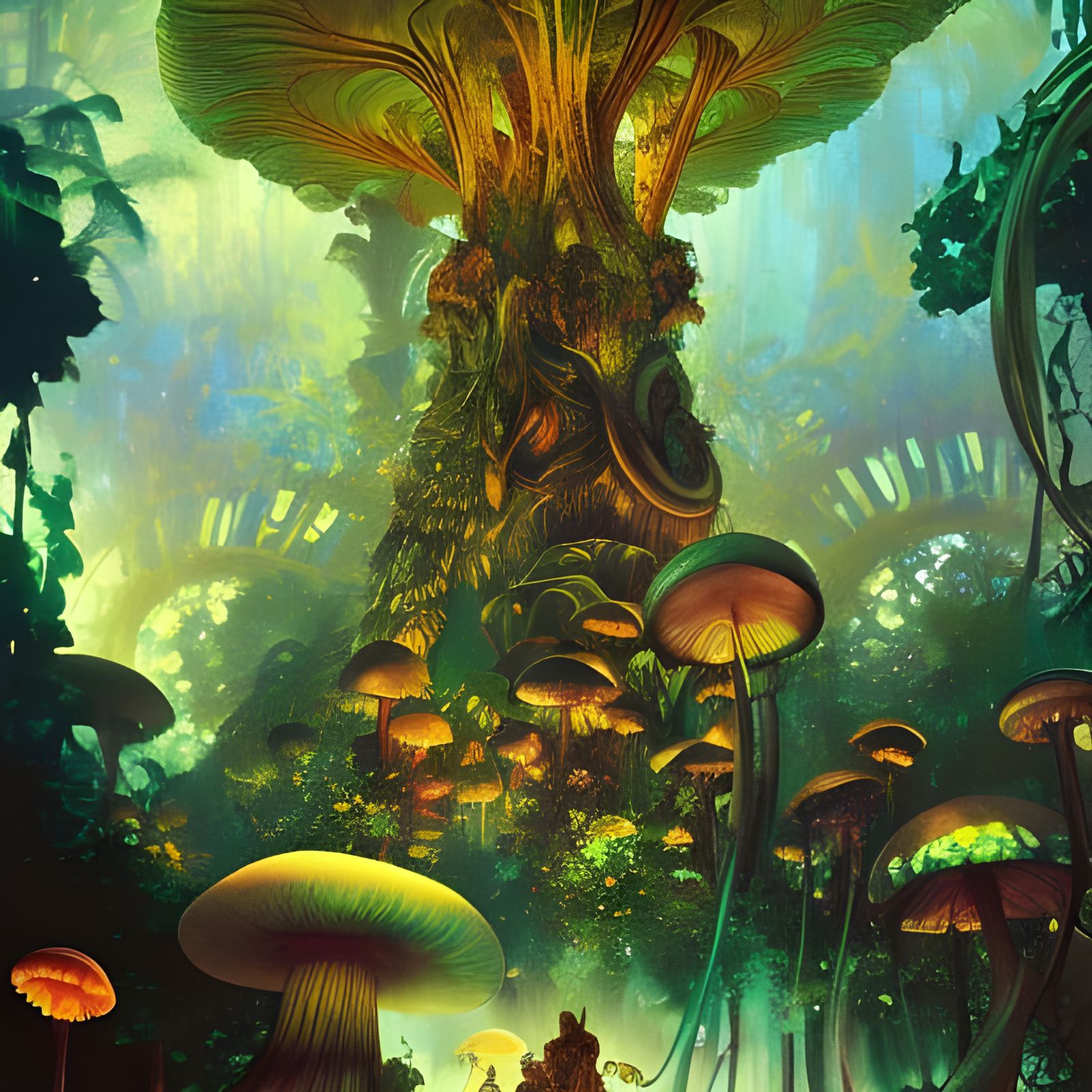 Luminescent Giant Mushroom Hyperion in Psychedelic Jungle