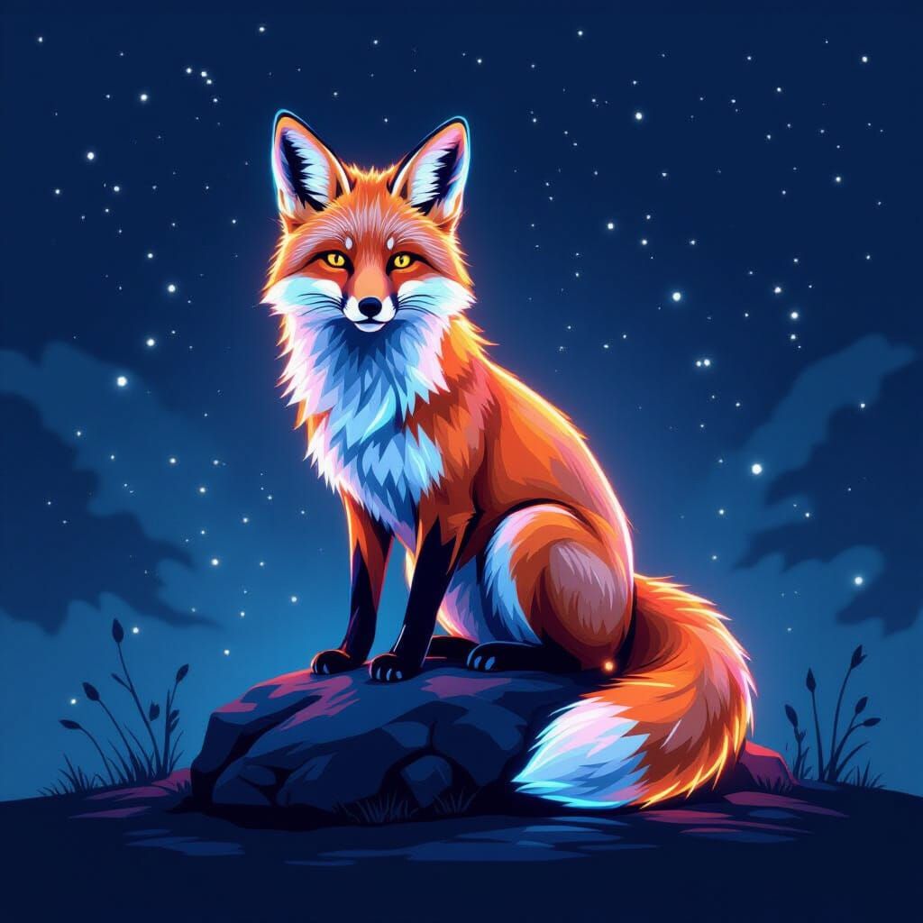 Neon Fox in Ink Style on a Rock