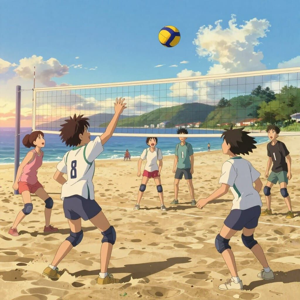 Anime Beach Volleyball Game at Golden Hour
