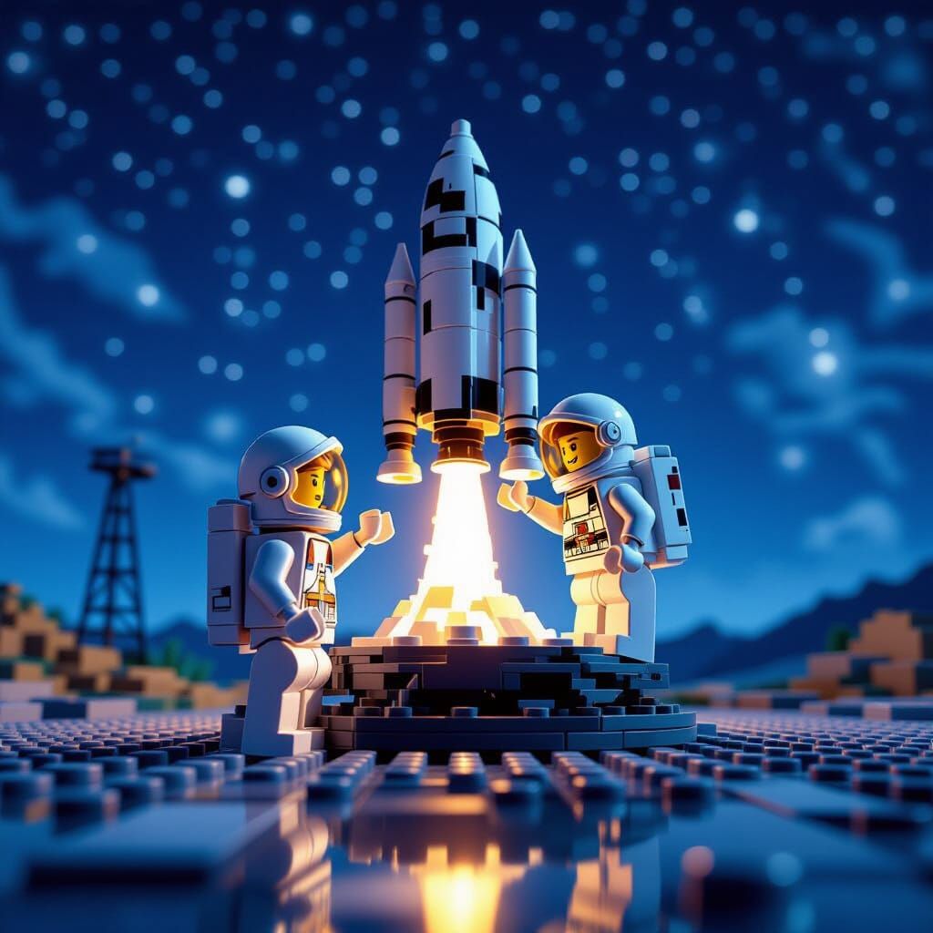 LEGO Apollo Rocket Launchpad Scene in Photorealistic Style