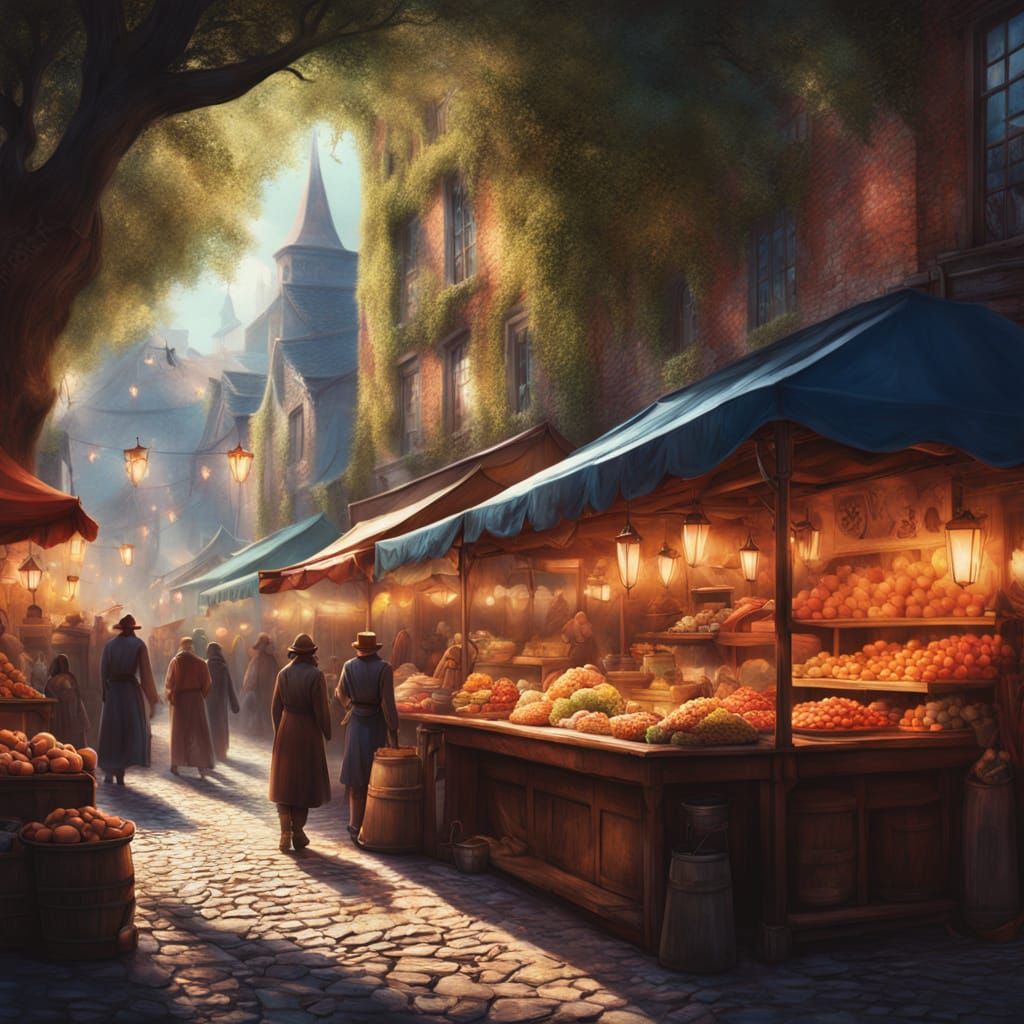 Medieval Fantasy Food Market Under Golden Torches
