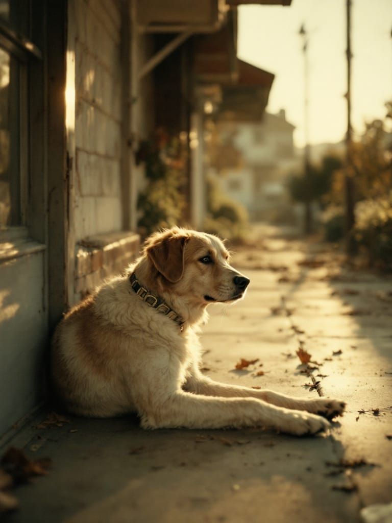 Golden Dog Bathed in Warm Light Amidst Autumn Leaves