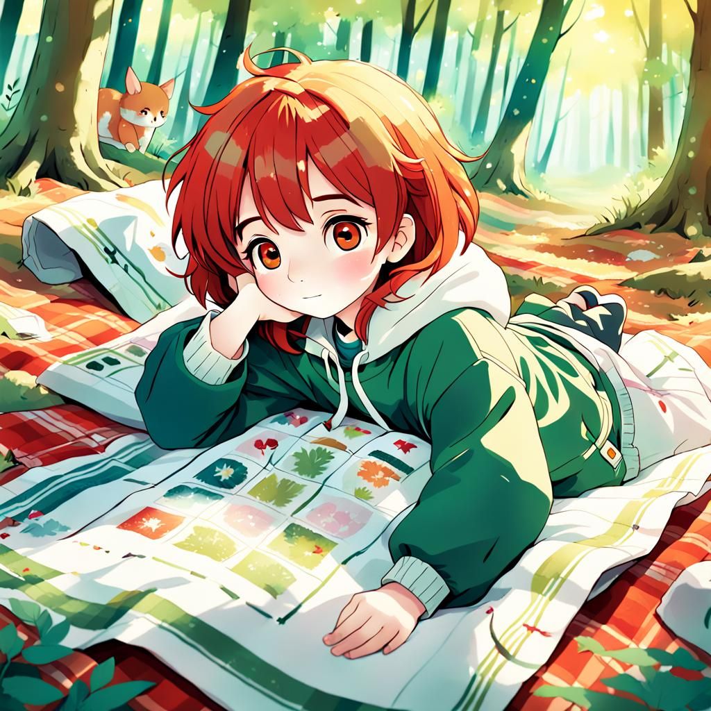 Anime Girl Coloring in Woods: Digital Art