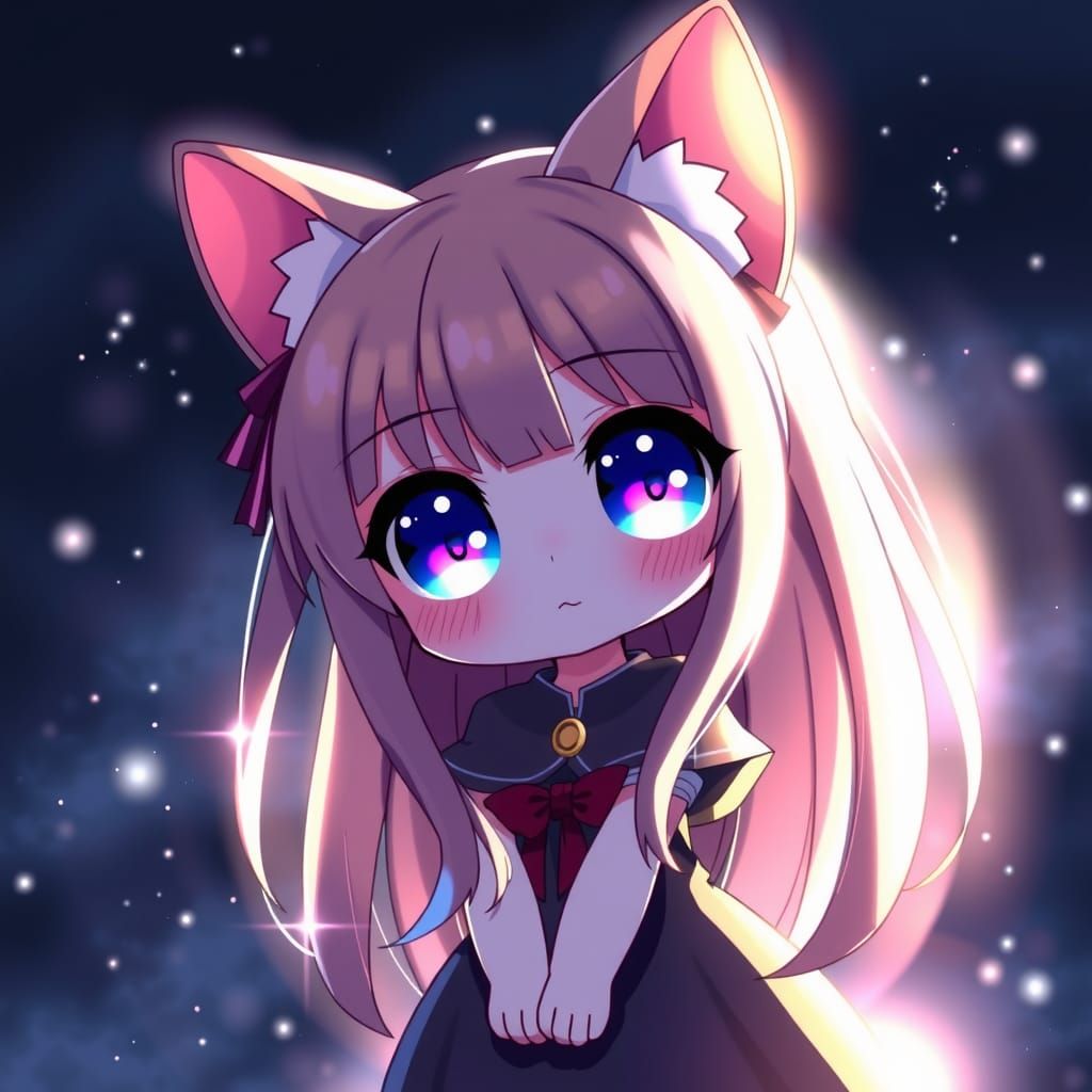 Rainbow Chibi Catgirl in Sparkling Night Sky