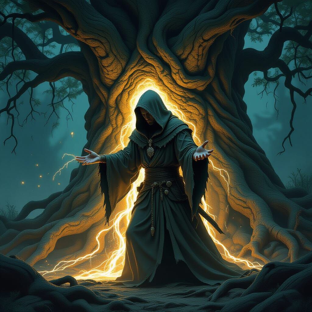 Hooded Mage Absorbing Life-Force in Dark Fantasy Scene
