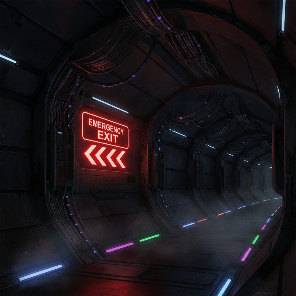 Glowing Emergency Exit Sign in Deepspace Ship Corridor