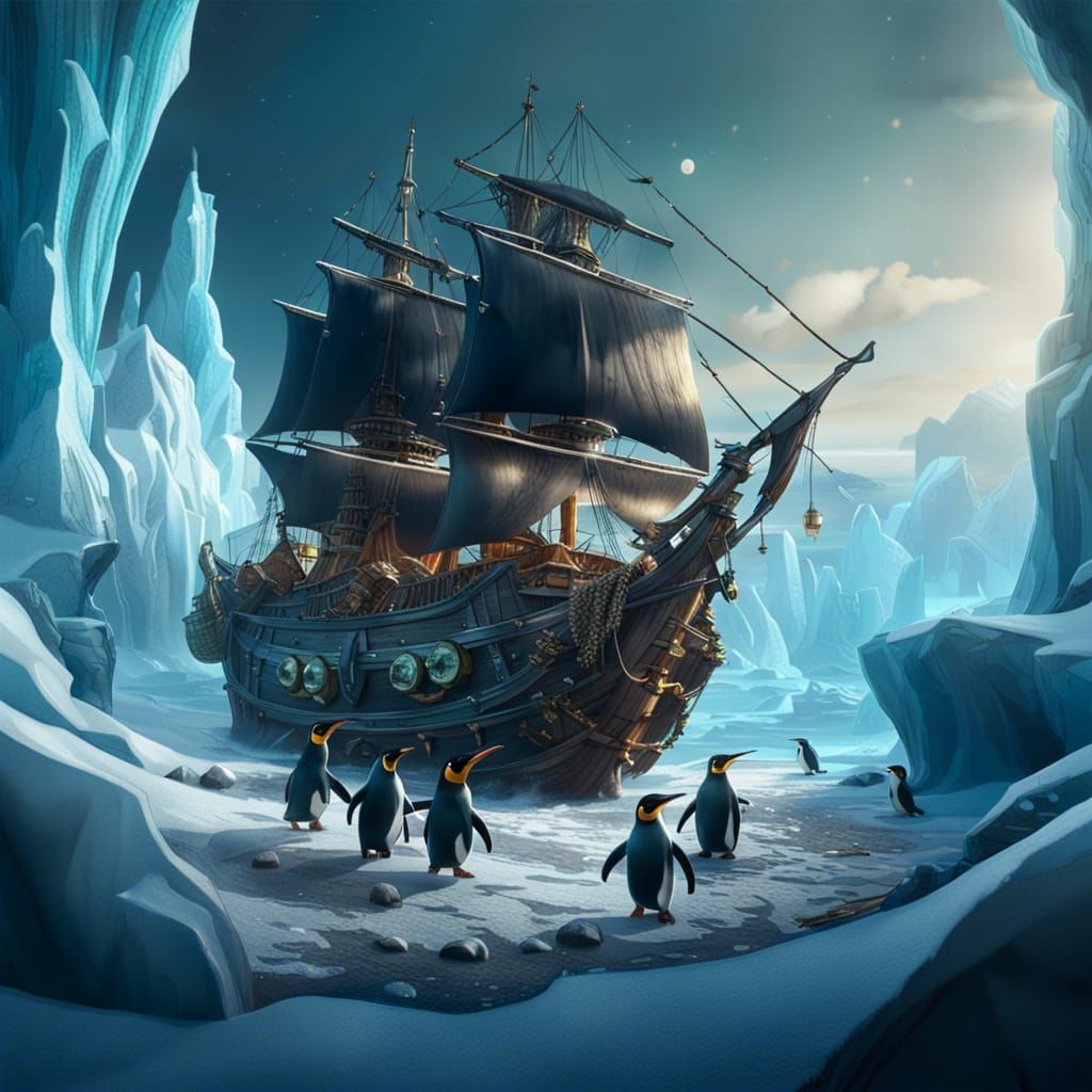 Penguin Pirates Hauling Treasure: Fantasy Concept Art