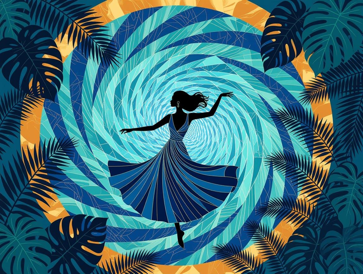 Electric Mambo Dancer Lost in Swirling Vortex of Stripes and...