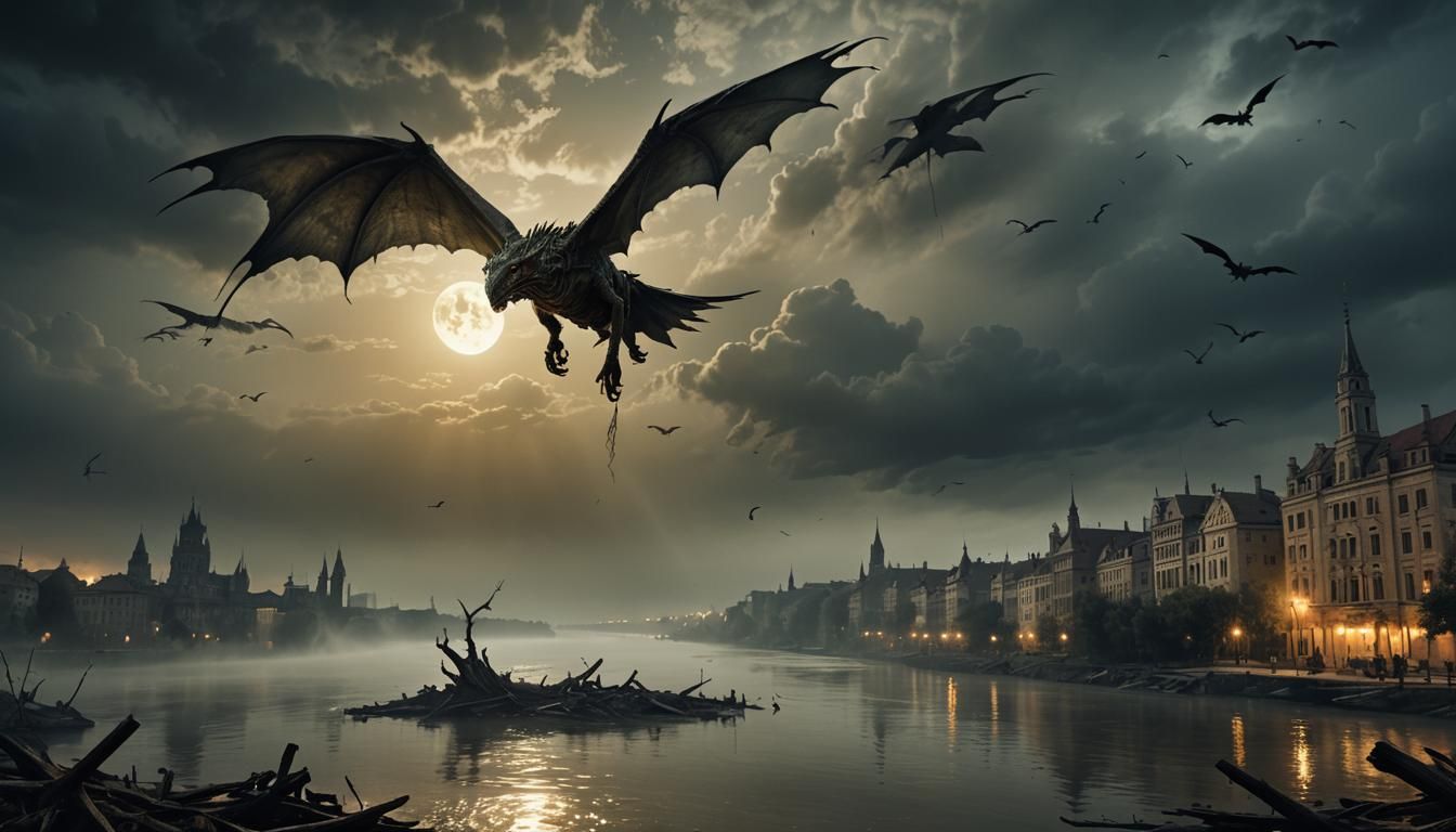 Dystopian Zombie Lizard Soaring Over Danube