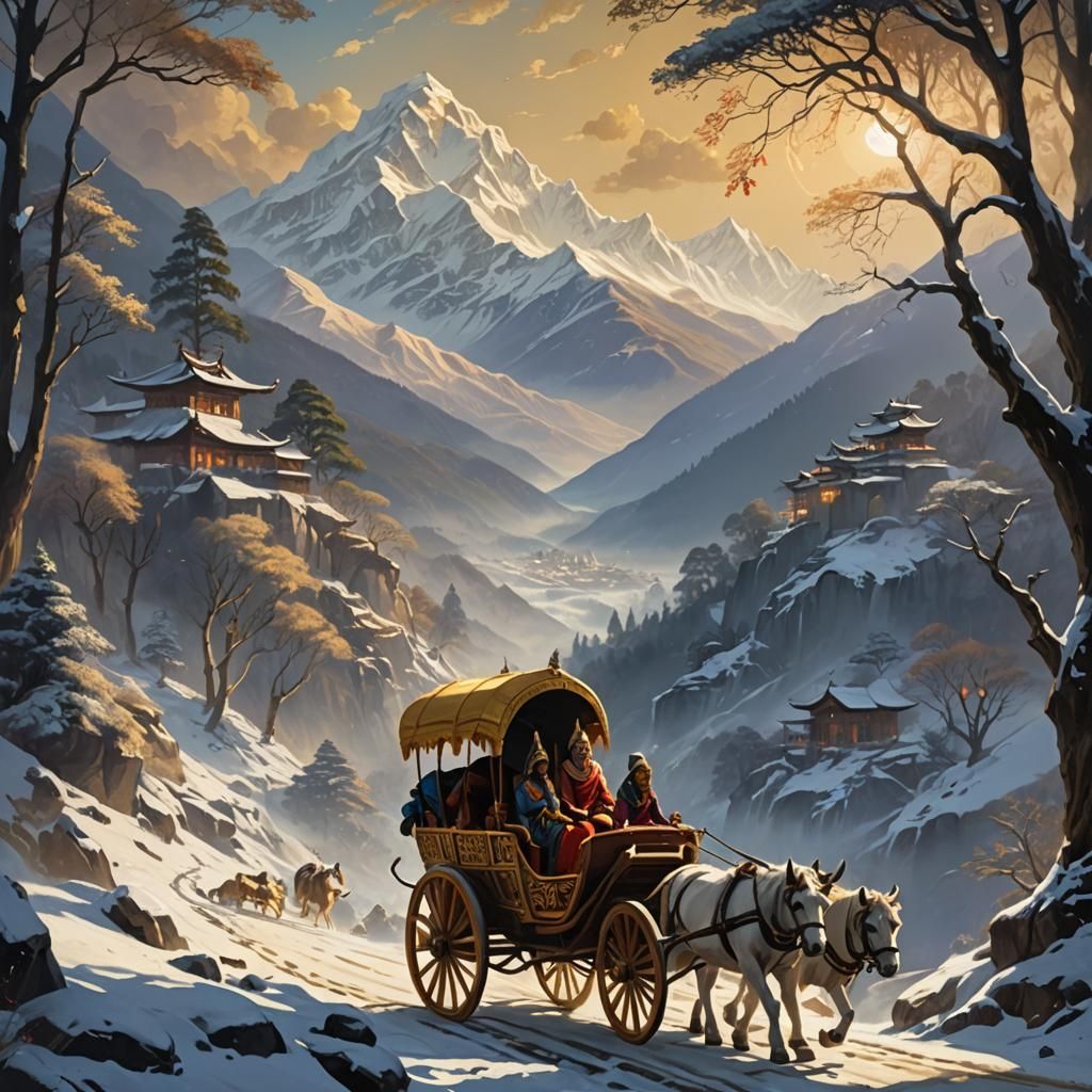Queen Maya's Himalayan Palanquin Ride: Oil Painting