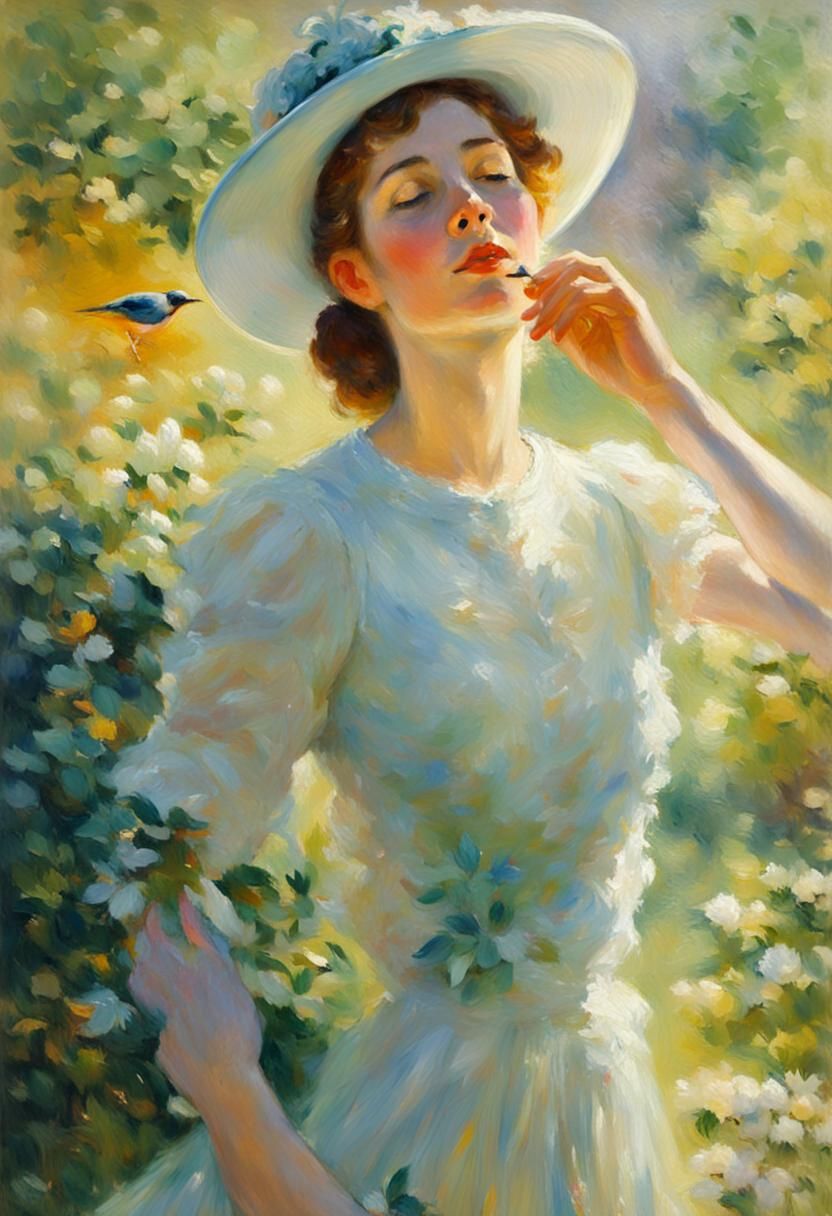 Woman Feeding Birds in Impressionist Garden