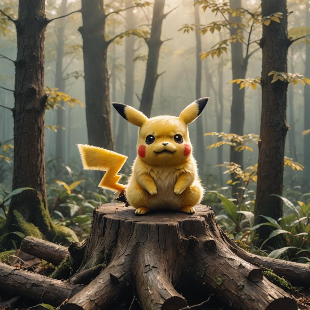 Pikachu Portrait in Misty Forest, Photorealistic 8k