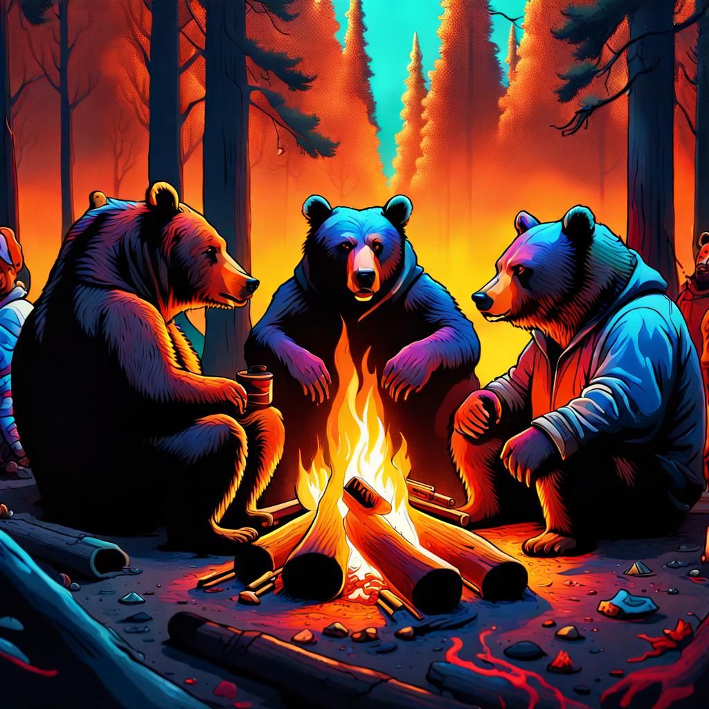 Bears and Humans Campfire Scene in Detailed Matte Painting