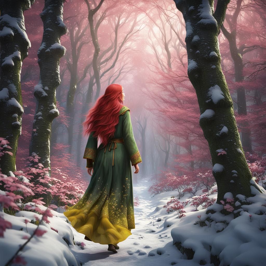 Woman in Leaves Walking Through Snowy Forest