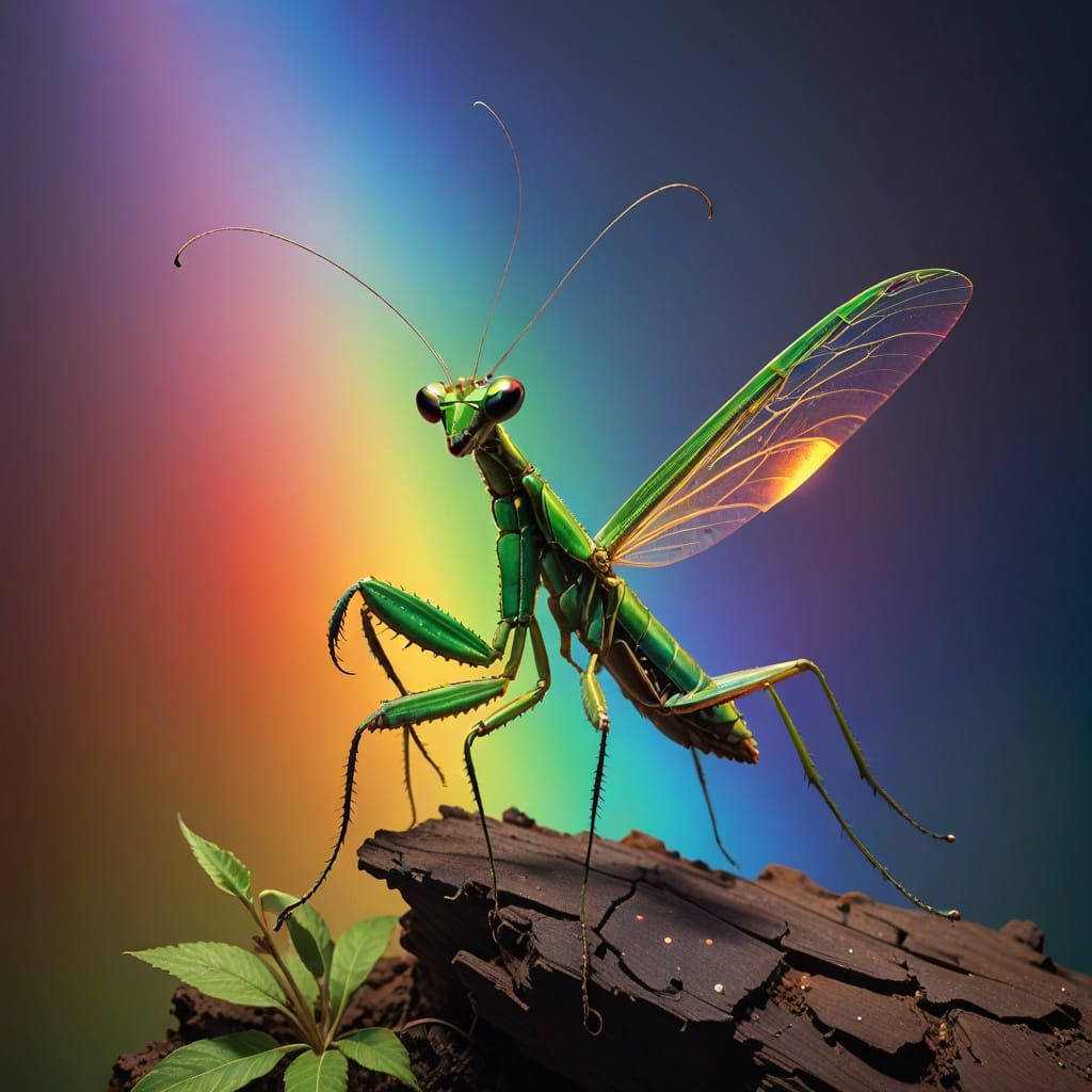 Surreal Mantis in Prismatic Rainbow Lighting