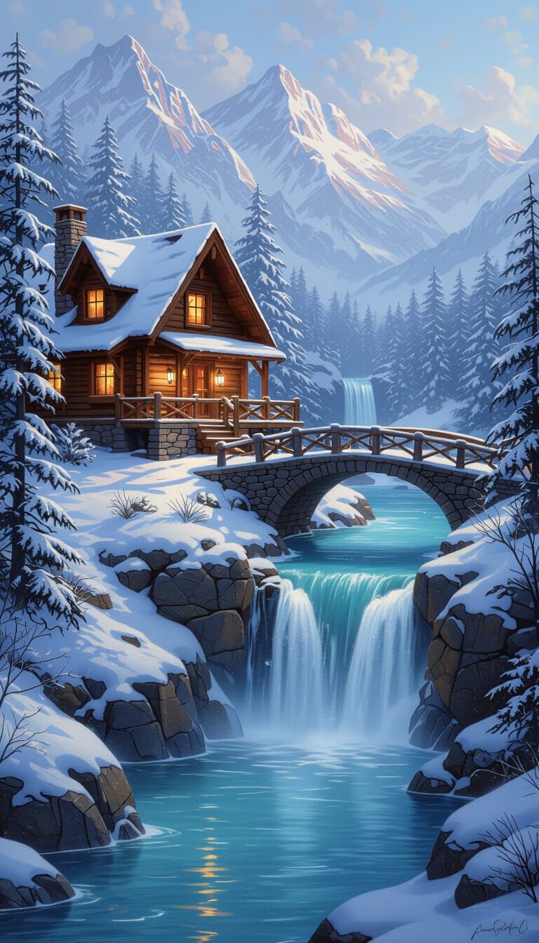 Cozy Cabin in Snowy Mountains Overlooking River