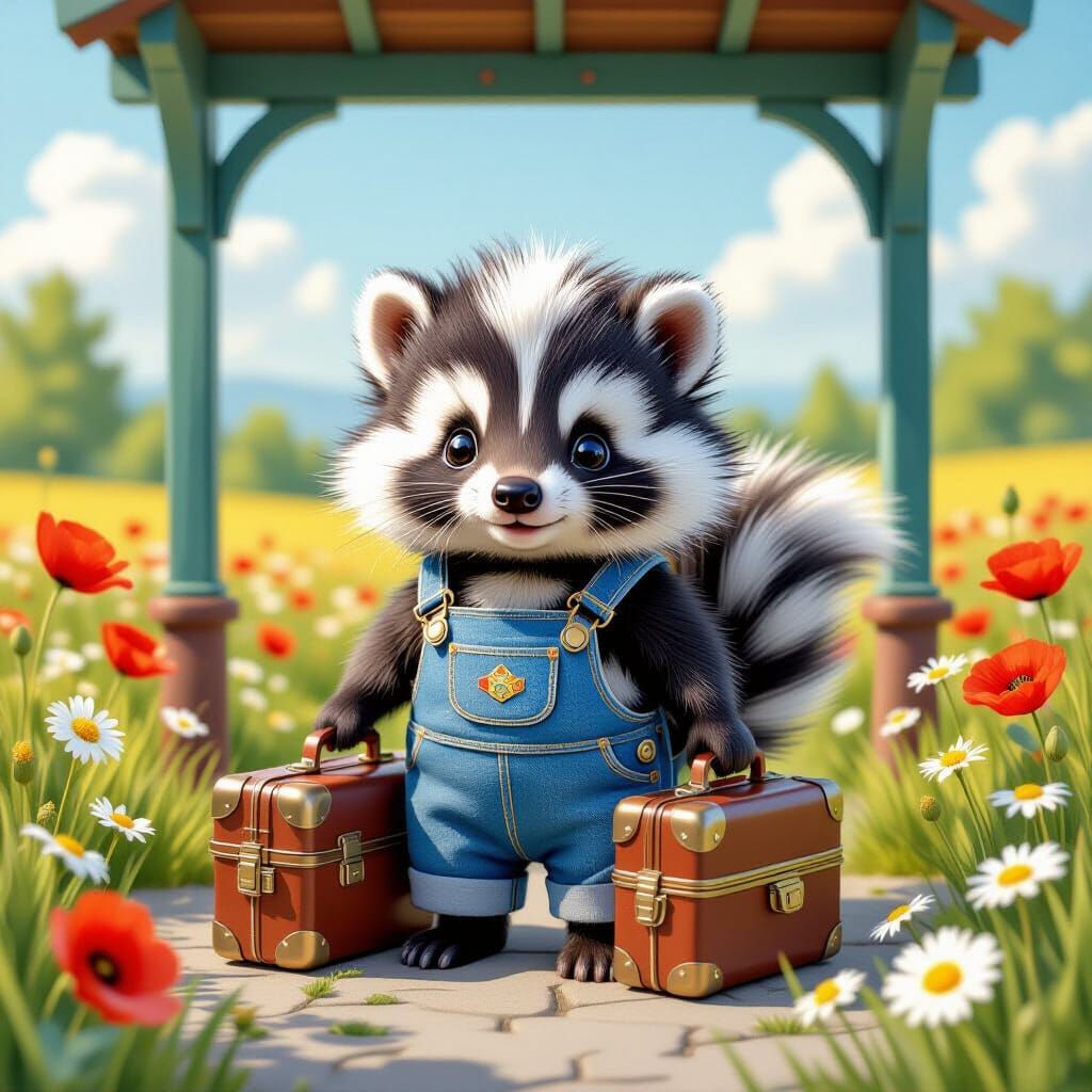 Fluffy Skunk in Overalls at Countryside Bus Stop
