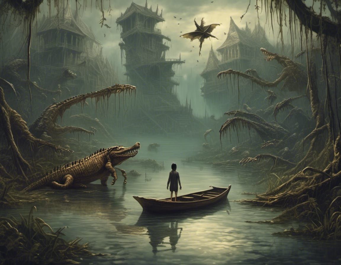 Cat Crocodile Lurking in Bayou, Small Boat Unaware