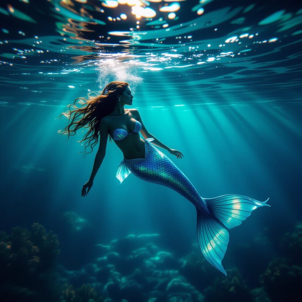 Mermaid in Crystal Lake at Twilight, Cinematic Film Still